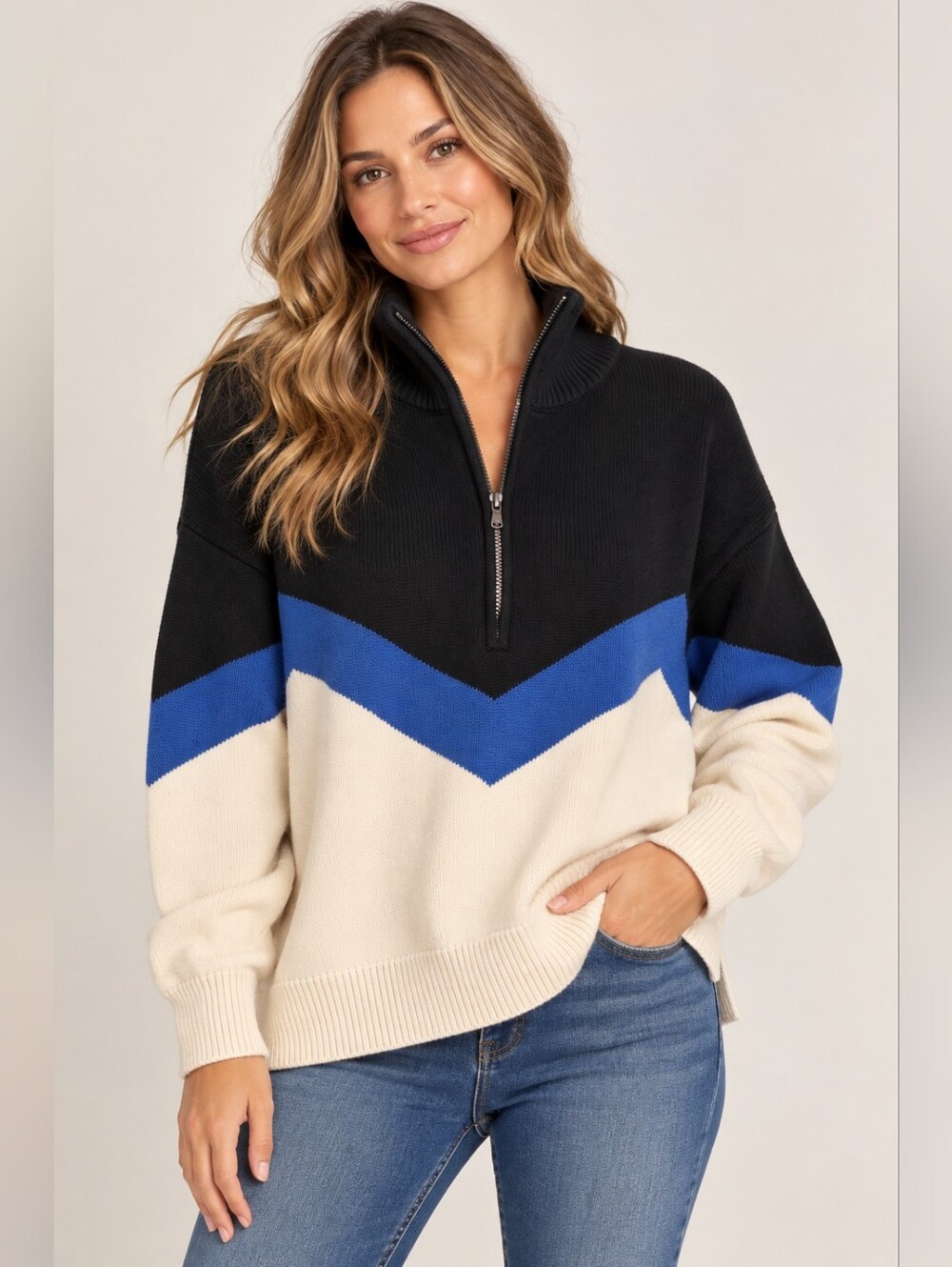 Lou & Grey Colorblock Chevron Zig Zag Half Zip Tunic Sweater Deep Space Blue M